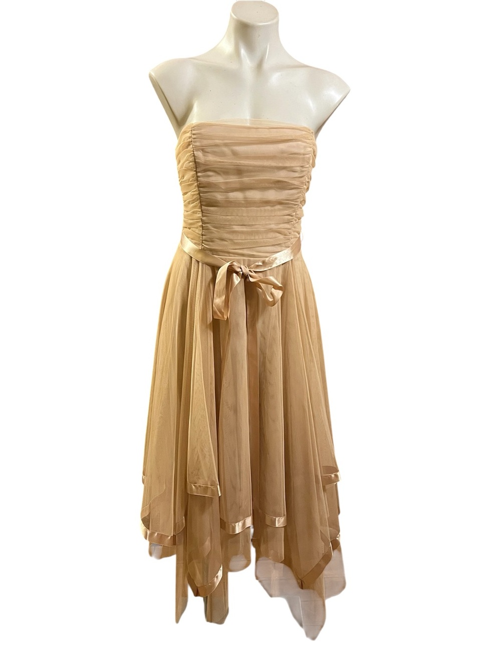 Fiesta Strapless Beige Tulle bridal ballet-core Midi Dress with Satin Waist Tie
